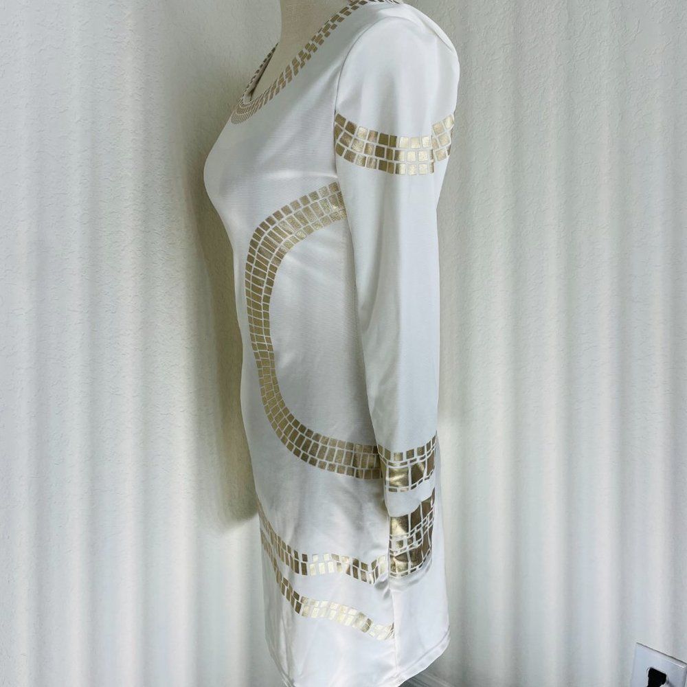 Acevog White Gold Printed Long Sleeve Bodycon Mini Dress S - Picture 2 of 5